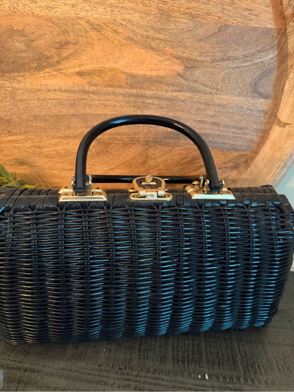 Vintage 1950s -60s Hand Made British Hong Kong Rattan Wicker Purse Black Lucite - Picture 3 of 11